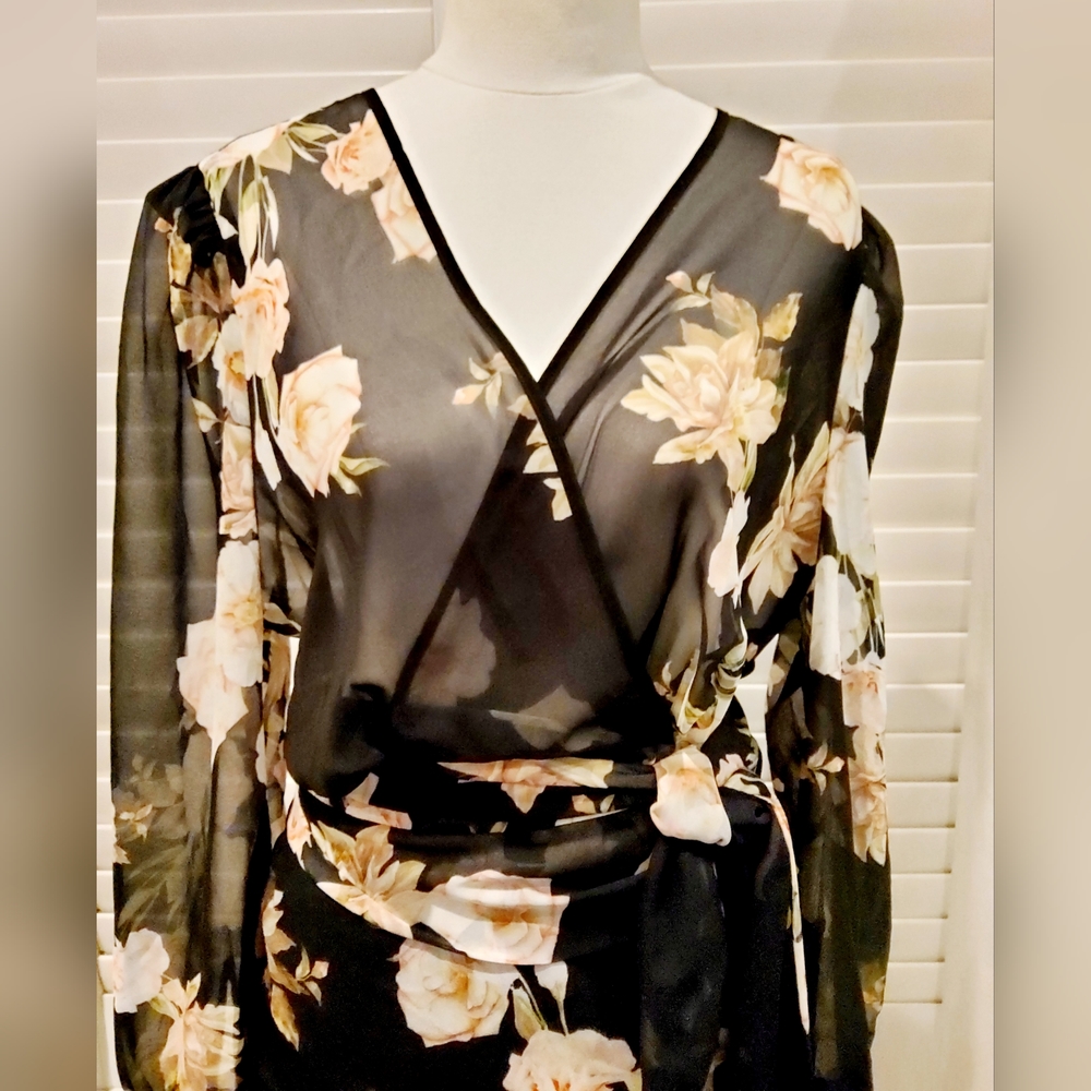 Sheike Floral Sheer Long Sleeve Wrap Style Dress - Picture 4 of 5
